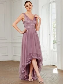 EVERPRETTY Double V Neck Sequin Bodice High Low Mesh Bridesmaid Dress - Dusty Pink - View 7