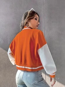 SHEIN Unity Letter Patched Striped Trim Drop Shoulder Varsity Jacket - Orange - View 2