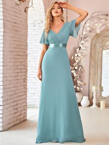 EVERPRETTY Elegant V-Neck Ruffle Butterfly Sleeve Blue Bridesmaid Dress, Guest Dress For Spring Semi-Formal Occasions Like Wedding, Birthday Party, Graduation, Valentine's Day - Blue - View 4