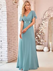 EVERPRETTY Elegant V-Neck Ruffle Butterfly Sleeve Blue Bridesmaid Dress, Guest Dress For Spring Semi-Formal Occasions Like Wedding, Birthday Party, Graduation, Valentine's Day - Blue - View 5