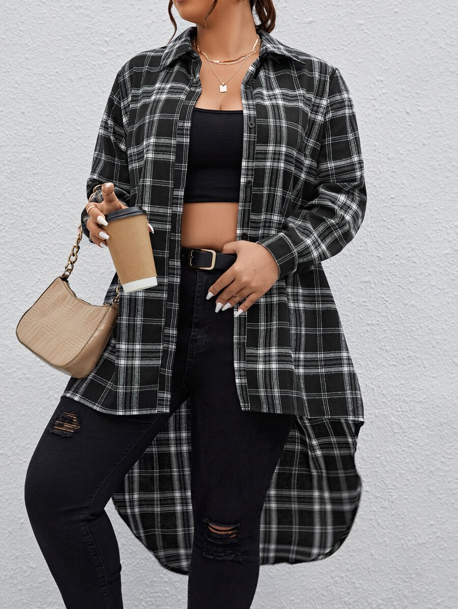 SHEIN Essnce Plus Plaid Print High-low Hem Blouse - Black and White - View 1