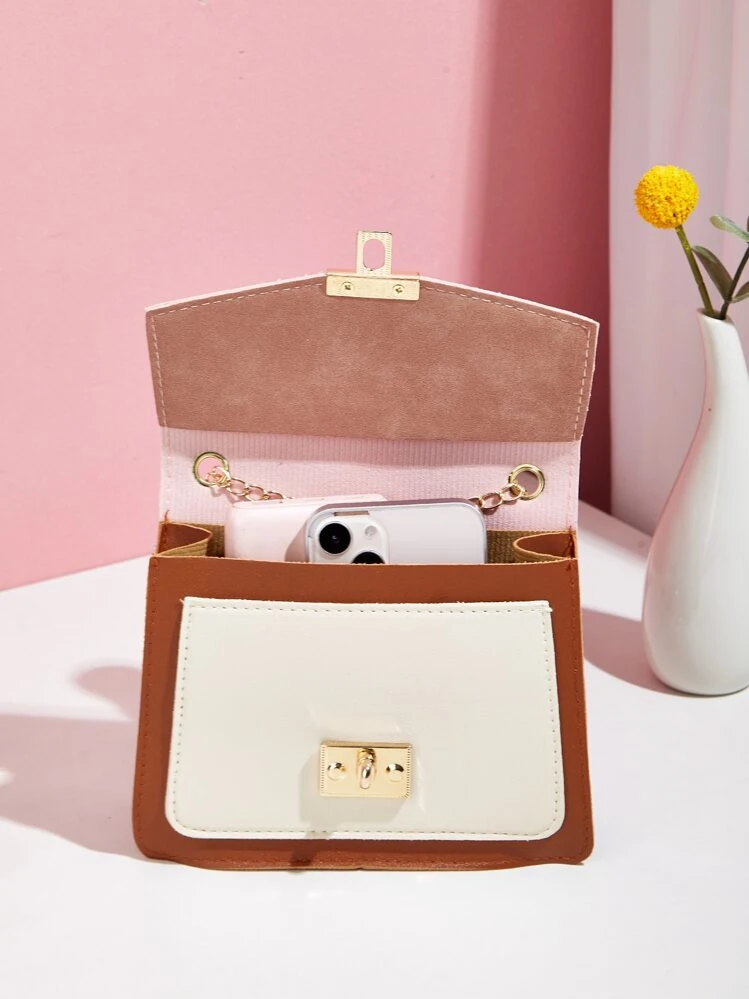 Mini Twist Lock Color Block Flap Chain Satchel Bag | SHEIN South