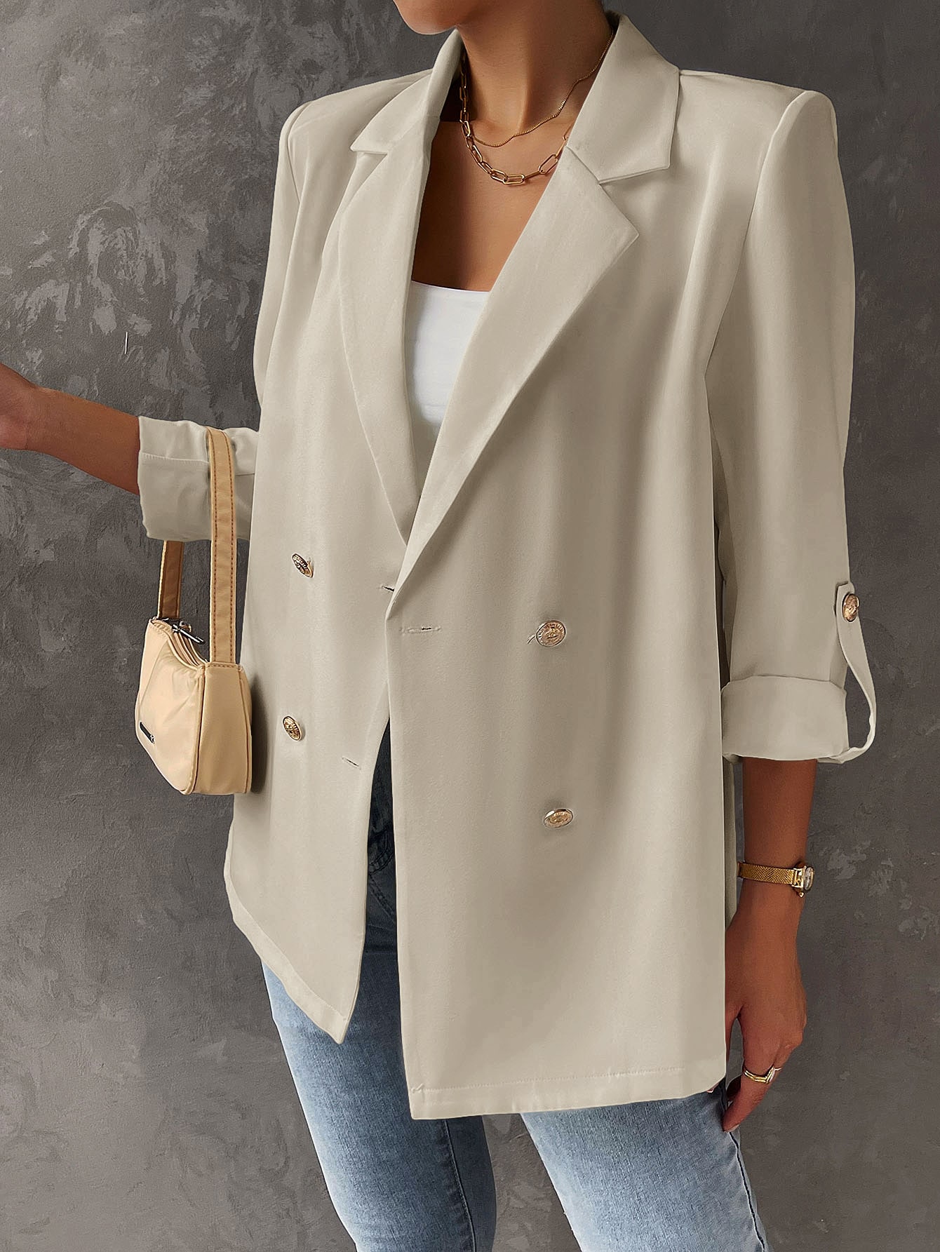 Shoulder Pads Roll Tab Sleeve Double Breasted Blazer SHEIN UK