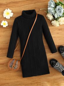 SHEIN Young Girl Casual All-Match Knitted Soft Rib Fleece Turtleneck Long Sleeve Solid Color Straight Dress - Black - View 5