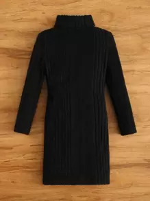 SHEIN Young Girl Casual All-Match Knitted Soft Rib Fleece Turtleneck Long Sleeve Solid Color Straight Dress - Black - View 2
