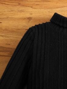 SHEIN Young Girl Casual All-Match Knitted Soft Rib Fleece Turtleneck Long Sleeve Solid Color Straight Dress - Black - View 3