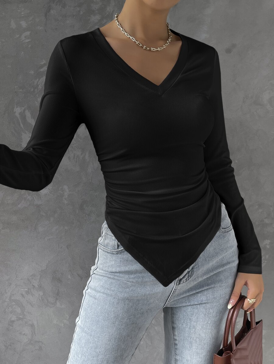 RueChic Solid Ruched Hanky Hem Tee - Black - View 1