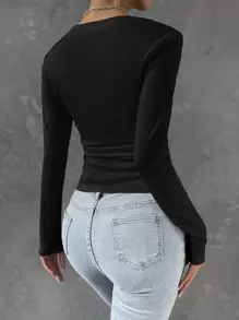 RueChic Solid Ruched Hanky Hem Tee - Black - View 2