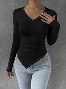 RueChic Solid Ruched Hanky Hem Tee - Black - View 3