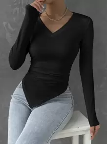 RueChic Solid Ruched Hanky Hem Tee - Black - View 4