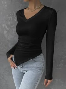 RueChic Solid Ruched Hanky Hem Tee - Black - View 5