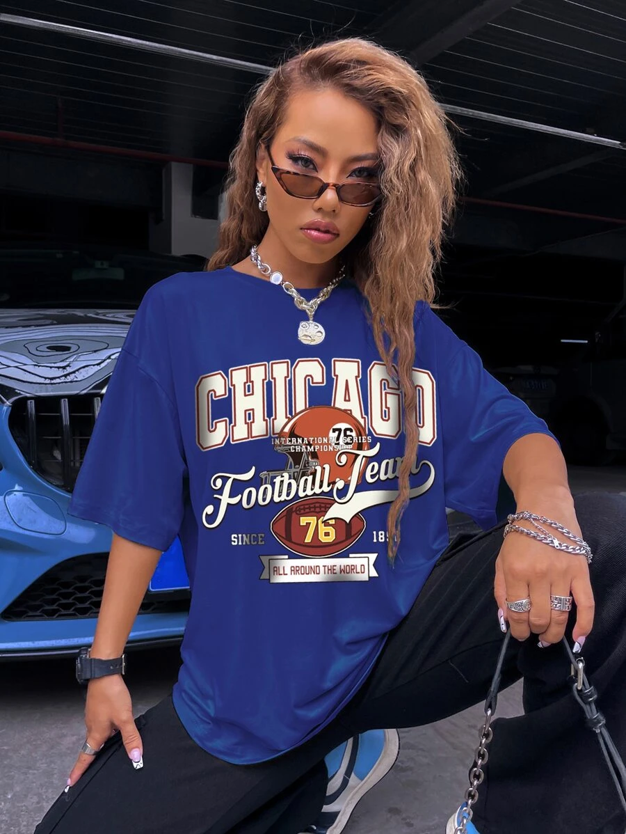 SHEIN Unity Rugby & Slogan Graphic Drop Shoulder Oversized Tee - Royal Blue - View 1