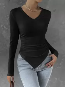 RueChic Solid Ruched Hanky Hem Tee - Black - View 6