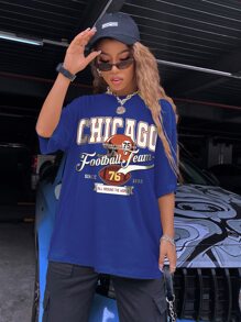 SHEIN Unity Rugby & Slogan Graphic Drop Shoulder Oversized Tee - Royal Blue - View 3