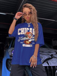 SHEIN Unity Rugby & Slogan Graphic Drop Shoulder Oversized Tee - Royal Blue - View 4