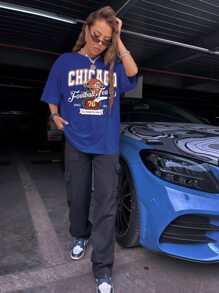 SHEIN Unity Rugby & Slogan Graphic Drop Shoulder Oversized Tee - Royal Blue - View 5