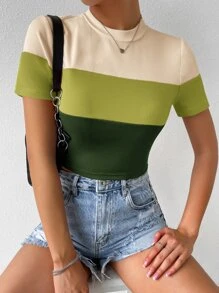 SHEIN Essnce Colour Block Mock Neck Rib Knit Tee - Green - View 1