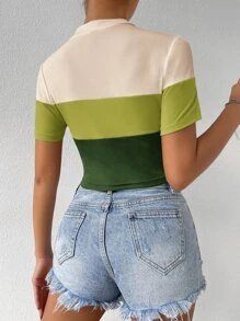 SHEIN Essnce Colour Block Mock Neck Rib Knit Tee - Green - View 2
