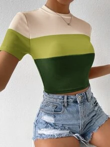 SHEIN Essnce Colour Block Mock Neck Rib Knit Tee - Green - View 3