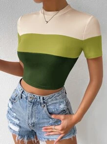 SHEIN Essnce Colour Block Mock Neck Rib Knit Tee - Green - View 4