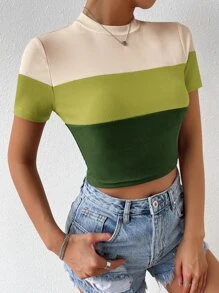 SHEIN Essnce Colour Block Mock Neck Rib Knit Tee - Green - View 5