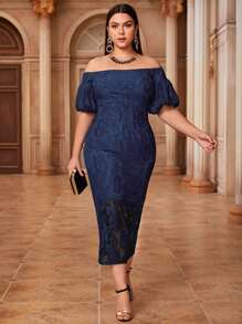 Modelyn Vestido con encaje de manga farol de hombros descubiertos - Azul Marino - Ver 1