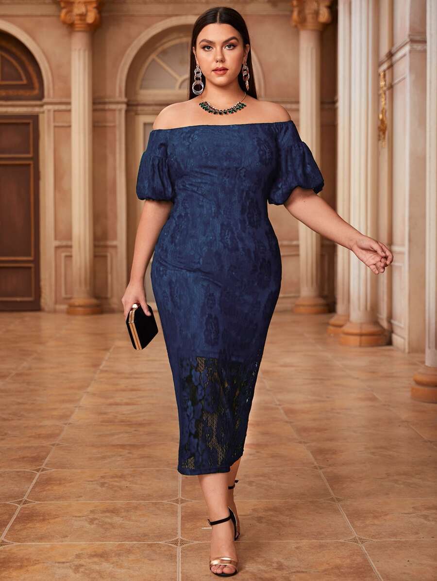 Modelyn Vestido con encaje de manga farol de hombros descubiertos - Azul Marino - Ver 1