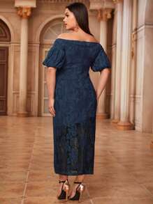 Modelyn Vestido con encaje de manga farol de hombros descubiertos - Azul Marino - Ver 2