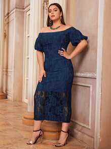 Modelyn Vestido con encaje de manga farol de hombros descubiertos - Azul Marino - Ver 3