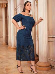 Modelyn Vestido con encaje de manga farol de hombros descubiertos - Azul Marino - Ver 4