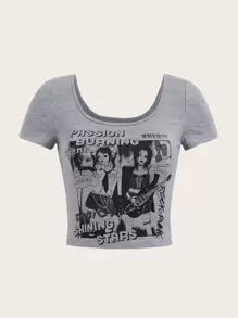 ROMWE PUNK Letter Graphic Crop Tee - Grey - View 1