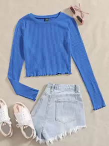 Muchica Áo thun nữ Xù nhỏ Gân đan màu trơn Giải trí - Màu xanh lam - Xem 1