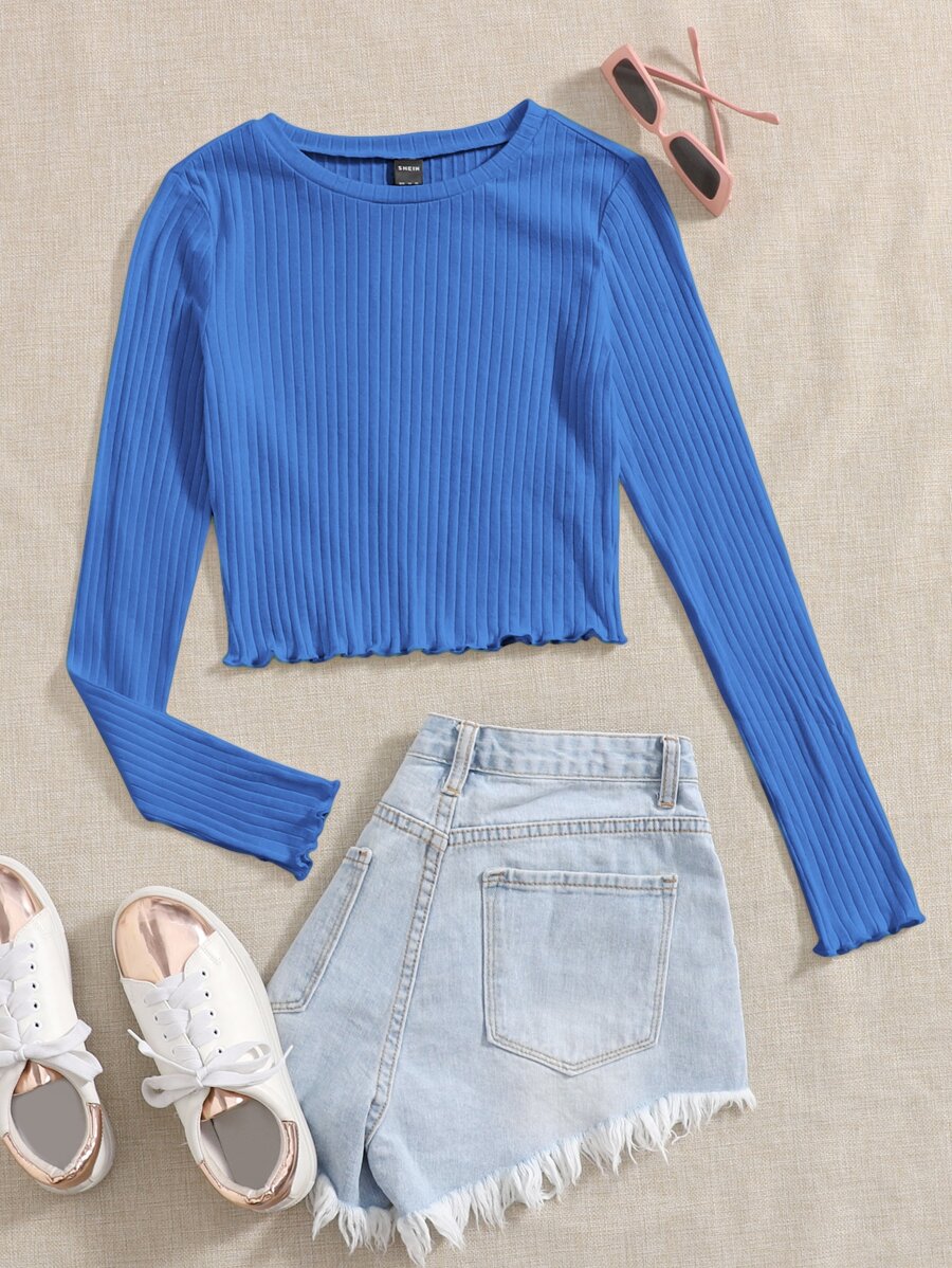 Muchica Áo thun nữ Xù nhỏ Gân đan màu trơn Giải trí - Màu xanh lam - Xem 1