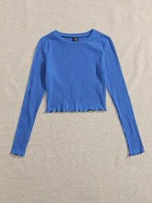 Muchica Áo thun nữ Xù nhỏ Gân đan màu trơn Giải trí - Màu xanh lam - Xem 3