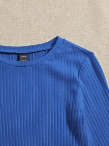 Muchica Áo thun nữ Xù nhỏ Gân đan màu trơn Giải trí - Màu xanh lam - Xem 4