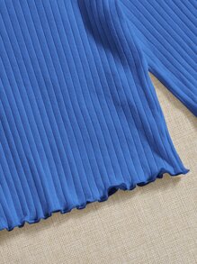 Muchica Áo thun nữ Xù nhỏ Gân đan màu trơn Giải trí - Màu xanh lam - Xem 5