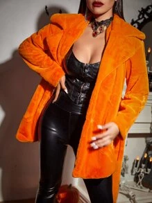 西裝領腰帶法蘭絨外套 - 橘色 - 查看 2