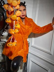 西裝領腰帶法蘭絨外套 - 橘色 - 查看 5