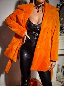 西裝領腰帶法蘭絨外套 - 橘色 - 查看 6