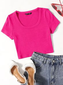 SHEIN EZwear 羅紋針織素色T恤 - 玫紅色 - 查看 1