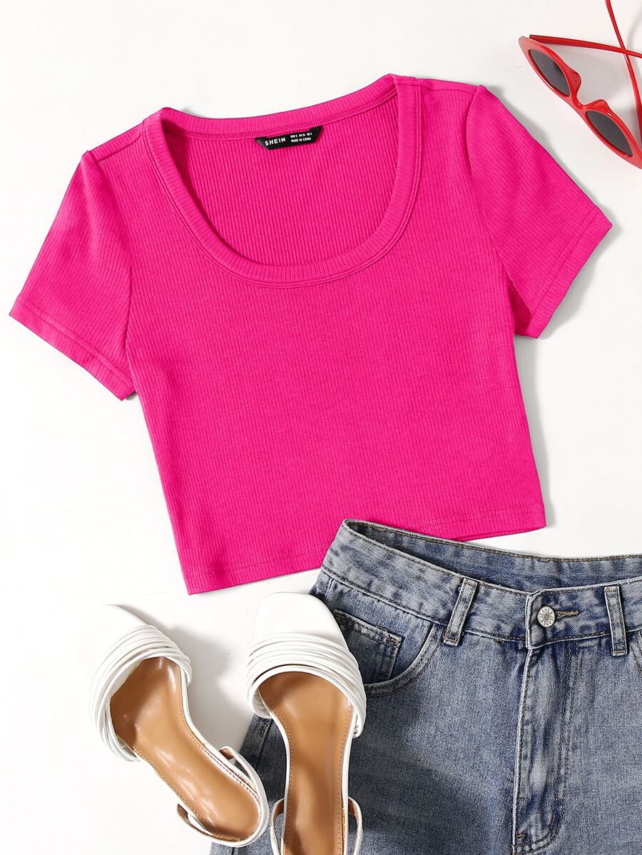 SHEIN EZwear 羅紋針織素色T恤 - 玫紅色 - 查看 1