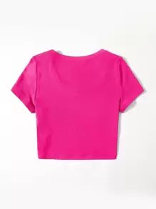 SHEIN EZwear 羅紋針織素色T恤 - 玫紅色 - 查看 2