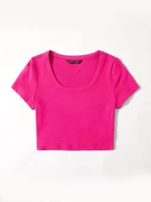 SHEIN EZwear 羅紋針織素色T恤 - 玫紅色 - 查看 3