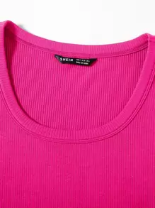 SHEIN EZwear 羅紋針織素色T恤 - 玫紅色 - 查看 4