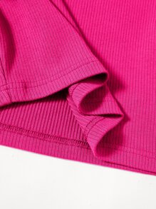 SHEIN EZwear 羅紋針織素色T恤 - 玫紅色 - 查看 5