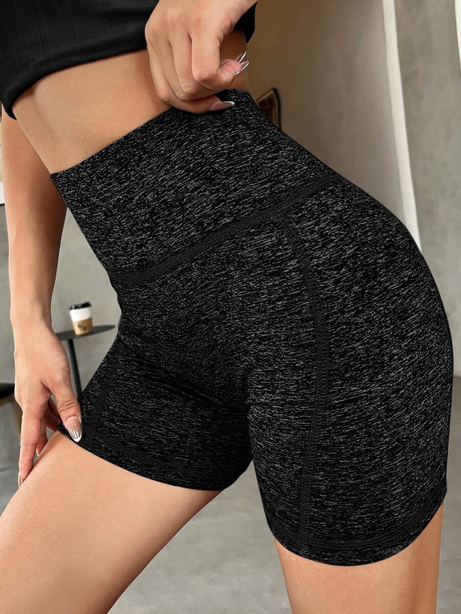SHEIN Essnce Tummy Control Marled Knit Cycling Shorts - Black - View 1