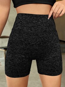 SHEIN Essnce Tummy Control Marled Knit Cycling Shorts - Black - View 4
