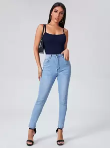 SHEIN EZwear Áo hai dây Gân đan màu trơn Giải trí - Màu xanh hải quân - Xem 4