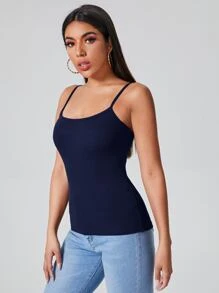 SHEIN EZwear Áo hai dây Gân đan màu trơn Giải trí - Màu xanh hải quân - Xem 5