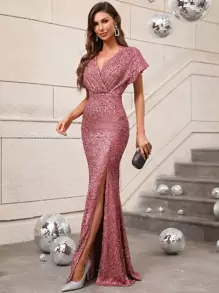 Surplice Neck Split Thigh Sequin Prom Dress